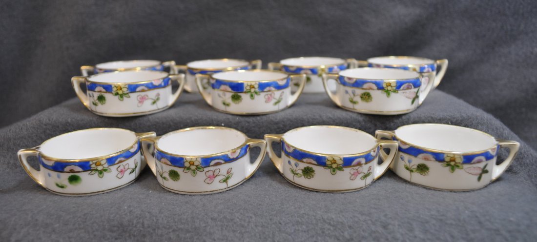 1910s HP NIPPON LOTUS PRUNUS MORIMURA SALT CELLARS XJ: We proudly offer this wonderful set of beautiful, original hand painted pre-1921 Morimura Nippon items, representing (11) scarce flat base, dual handled master salt cellars. This spectacular set featu