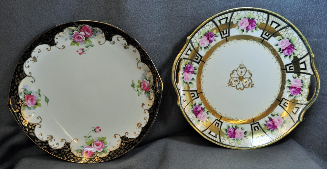 1910s HP NIPPON MORIMURA IMPORT HANDLED CAKE PLATES XJ: We are extremely proud to present this spectacular pair of hand painted Nippon floral, integral handled cake plates, with the first, extremely fancy pink tea rose example carrying a 1900-1910 blue Mor