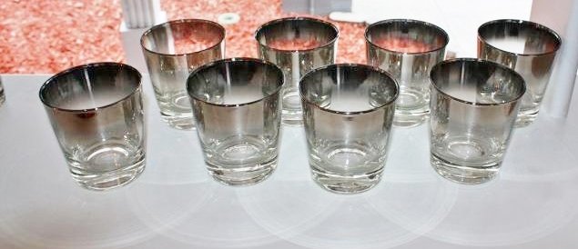 LOT 6 MID CENTURY RETRO WHISKEY SOUR MERCURY GLASSES XC: The perfect glass to watch Mad Men with , this set of 6 Mid Century Retro Mercury whiskey sour Glasses , 1950's. Silvered glass is also known as mercury glass and, more currently, mirrored glass. The 