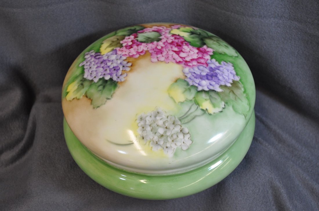 GIANT 1900 8"+ TRESSEMANN VOGT HP FLORAL LIMOGES BOX XJ: We are especially proud to showcase one of the largest of all antique Limoges lady's porcelain covered jars, potted and masterfully factory hand painted by the famed Tressemann & Vogt between 1900 & 1