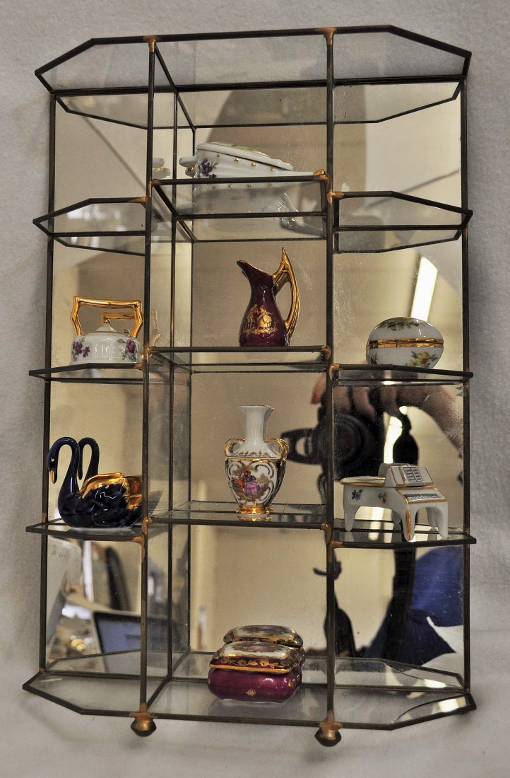 MIRRORED GLASS DISPLAY SHELF 8 HP LIMOGES MINIATURES XJ: We are very pleased to offer this lovely free standing / wall mounted mirrored glass base shelf, containing (8) lovely hand painted & signed Limoges trinket containers. Our wonderful set includes Coba