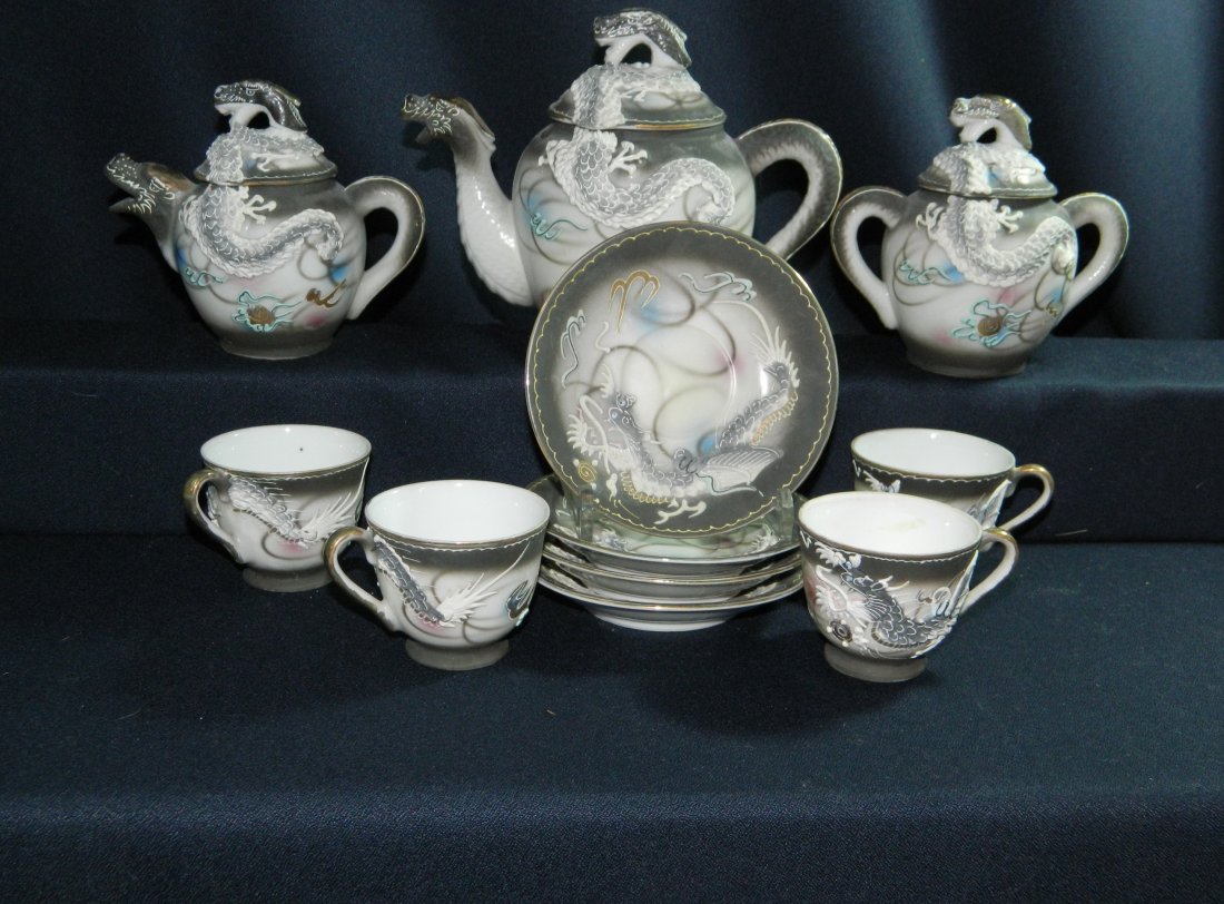 1930s VICTORA CHINA 3 DIMENSIONAL DRAGONWARE TEA SET XJ: We are very pleased to offer this handsome fine Japanese hand painted Victora china full tea set, featuring magnificent sinuous moriage style dragons chasing the eternal & spectacular Turquoise enamel