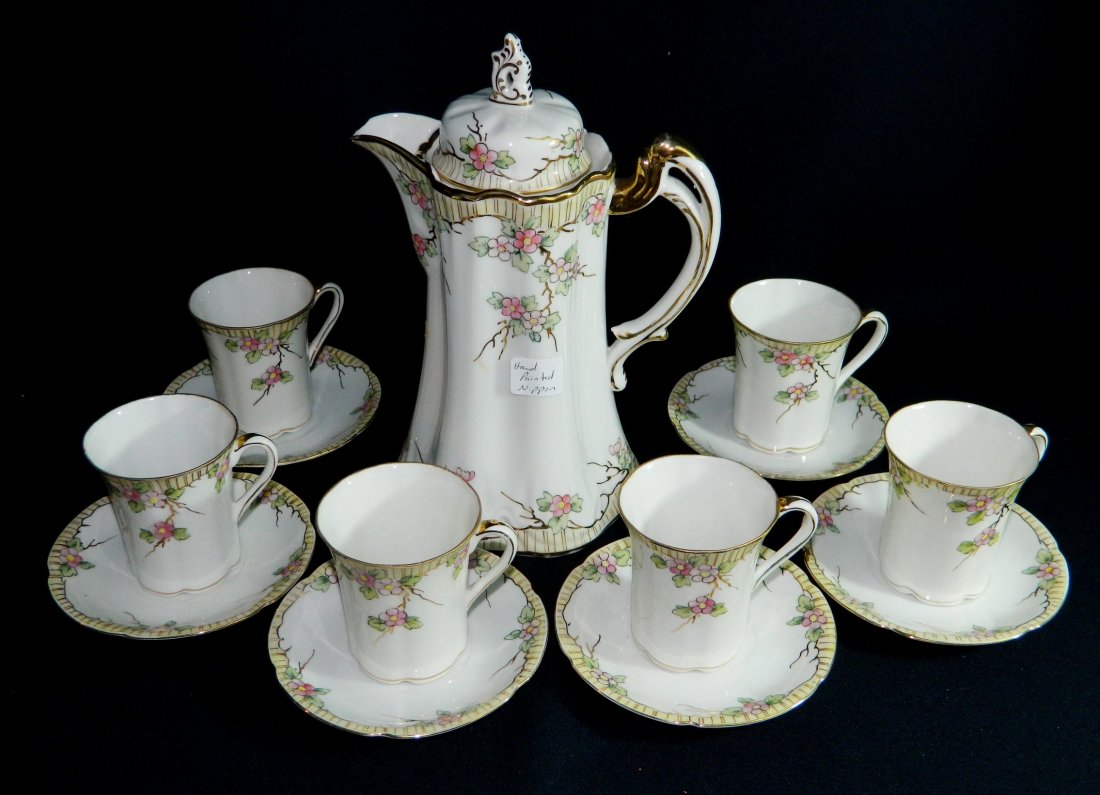 RARE 1911 HP RISING SUN NIPPON CHERRY CHOCOLATE SET XJ: We are extremely pleased to present this gorgeous & Rare 1911-1921 complete hand painted Nippon Chocolate set, finished in a beautiful Cherry Blossom gilded floral theme, and carrying the prime collec
