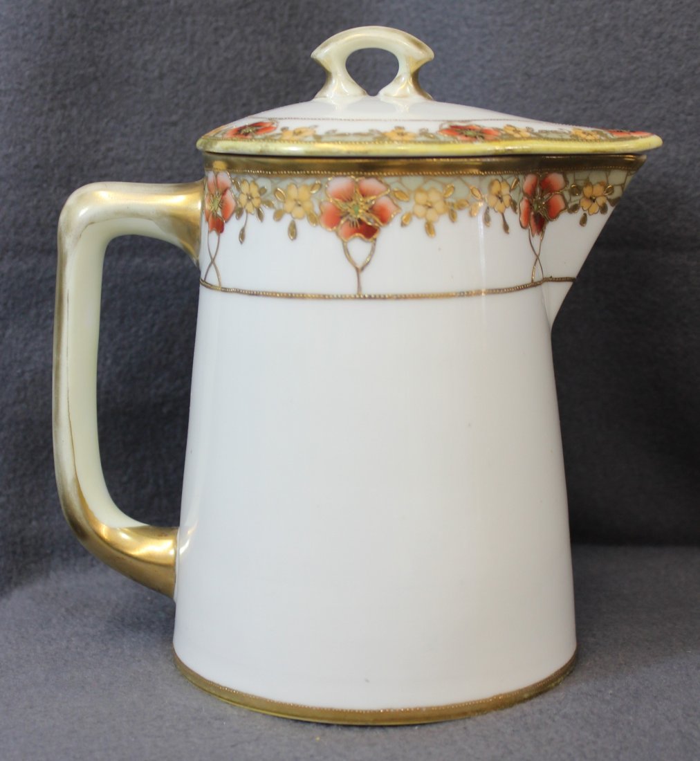 PRE 1921 HP MORIMURA NIPPON LONG SPOUT CHOCOLATE POT XJ: We are extremely proud to present a very scarce pre 1921 Morimura Nippon form, constituting an exceptionally deep and long spouted cylindrical chocolate pot. This unique shape features a single upper 