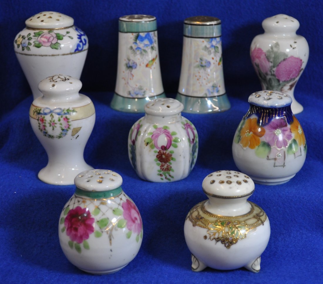 1950 HD PAINTED JAPANESE, NIPPON SALT PEPPER SHAKERS XW: We are pleased to offer this nice set of (9) hand painted Japanese porcelain salt & pepper shakers, with 1 marked Nippon (base rim chip), 1 signed Japan, and the rest unsigned. The largest shaker stan