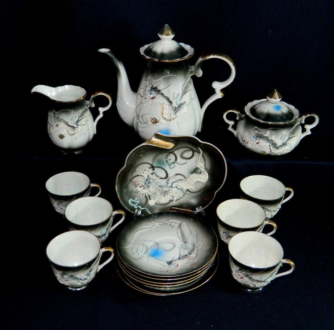 1930s JAPANESE 3 DIMENSIONAL DRAGONWARE TEA SET XJ: We are very pleased to offer this handsome fine Japanese hand painted Victora china full tea set, featuring magnificent sinuous moriage style dragons chasing the eternal & spectacular Turquoise enamel