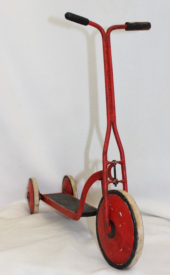 PALECEK WOOD NORMAN ROCKWELL ACCESSORY LINE SCOOTER XW: This 20th century scooter is part of The Saturday Evening Post Norman Rockwell Accessories Collection, supplied by Palecek, perhaps in the 1960s. Obviously, the scooter design was taken from a post co