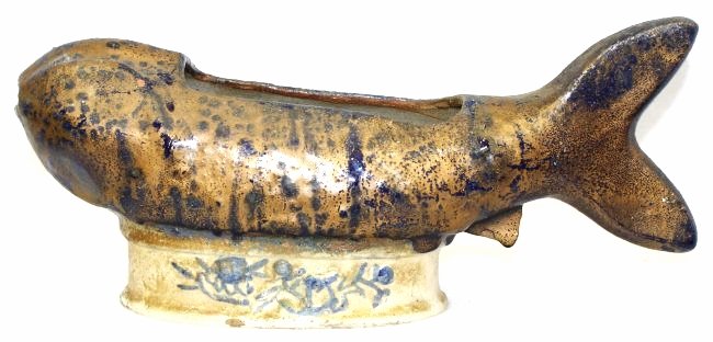 RARE ENGLISH 1850s IRONSTONE FLOW BLUE FISH PLANTER XT: We are exceptionally proud to showcase this RARE 1850-1865 mid Victorian English Earthenware Flow Blue giant fish planter finished in a classic Staffordshire elevated base. This incredible giant plant