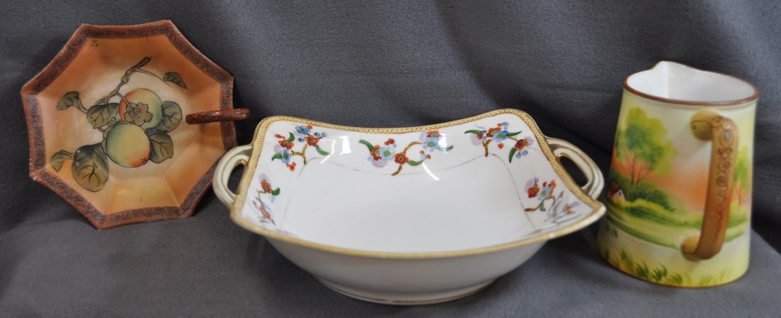 PRE 1921 MORIMURA IMPERIAL NIPPON DISH NAPPY CREAMER XW: We proudly offer this wonderful set of beautiful, original hand painted pre-1921 Morimura Nippon & Imperial Nippon items, representing a lovely Lavender Prunus handled 9.25 x 8 x 2.5 inch tall serving