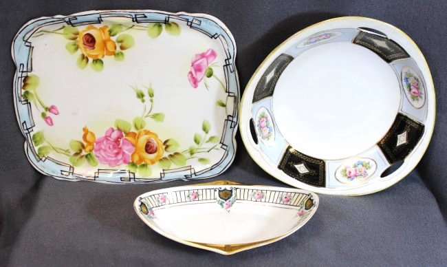 RARE MAPLE LEAF TRAY RISING SUN NIPPON NORITAKE PCS XW: We are very pleased to present this trio of wonderful pre 1921 hand painted Nippon items, including a spectacular large Tea Rose and Cobalt lattice band 8.25 x 8.25 x 2 inch deep tray, carrying a trul