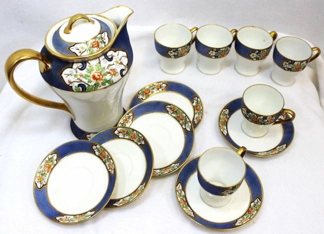 PRE 21 HP NIPPON MORIMURA BROS LOTUS CHOCOLATE SET XJ: We proudly offer this wonderful pre 1921 Nippon chocolate set, featuring original hand painted Morimura Bros imported items, representing a bulbous top chocolate pot and (6) matching cups and saucers.