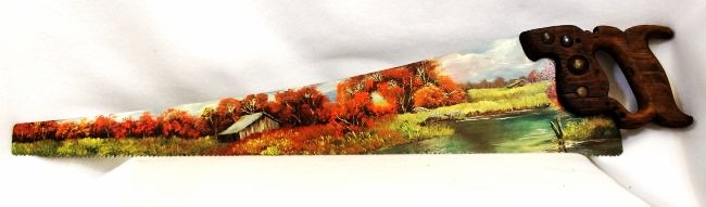 LG 31.5 INCH HP CROSSCUT SAW GENEVIEVE ARNOLDS FARM XW: We are very pleased to present this gorgeous and long, 31.5 inch brilliantly hand painted 1960s crosscut saw, denoting the Tennessee farm of Ms. Genevieve Arnold. This spectacular Autumn scene is tagg