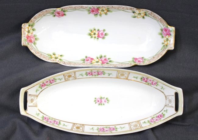 PRE 1921 HD PAINTED RISING SUN NIPPON CELERY DISHES XW: We are very pleased to present this spectacular pair of pre 1921 hand painted Nippon celery dishes, both carrying the valuable Rising Sun Nippon stamps. These lovely celeries both have tab handles, an