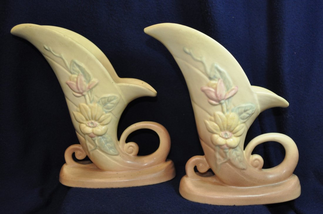 HULL ART POTTERY CORNUCOPIA PAIR c1940s 19-8-1/2 XW: This beautiful cornucopia pair are from Hull's Magnolia matte line produced prior to 1947. The color scheme is a highly collectible pink/cream/blue with a floral and leaf design on both sides, and has