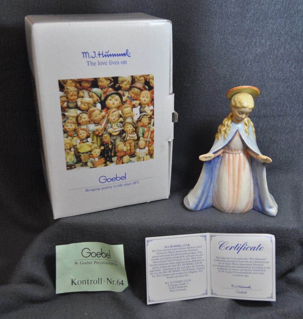 VIRGIN MARY #299 MJ HUMMEL GOEBEL TMK6 GERMAN NIB XW: We are extremely pleased to present this MJ Hummel / Goebel TMK-6 Virgin Mary figurine, NIB with all the associated paperwork. Our gorgeous figurine measures 4 X 2.75 X 5.25" tall and weighs 5 oz. Wit