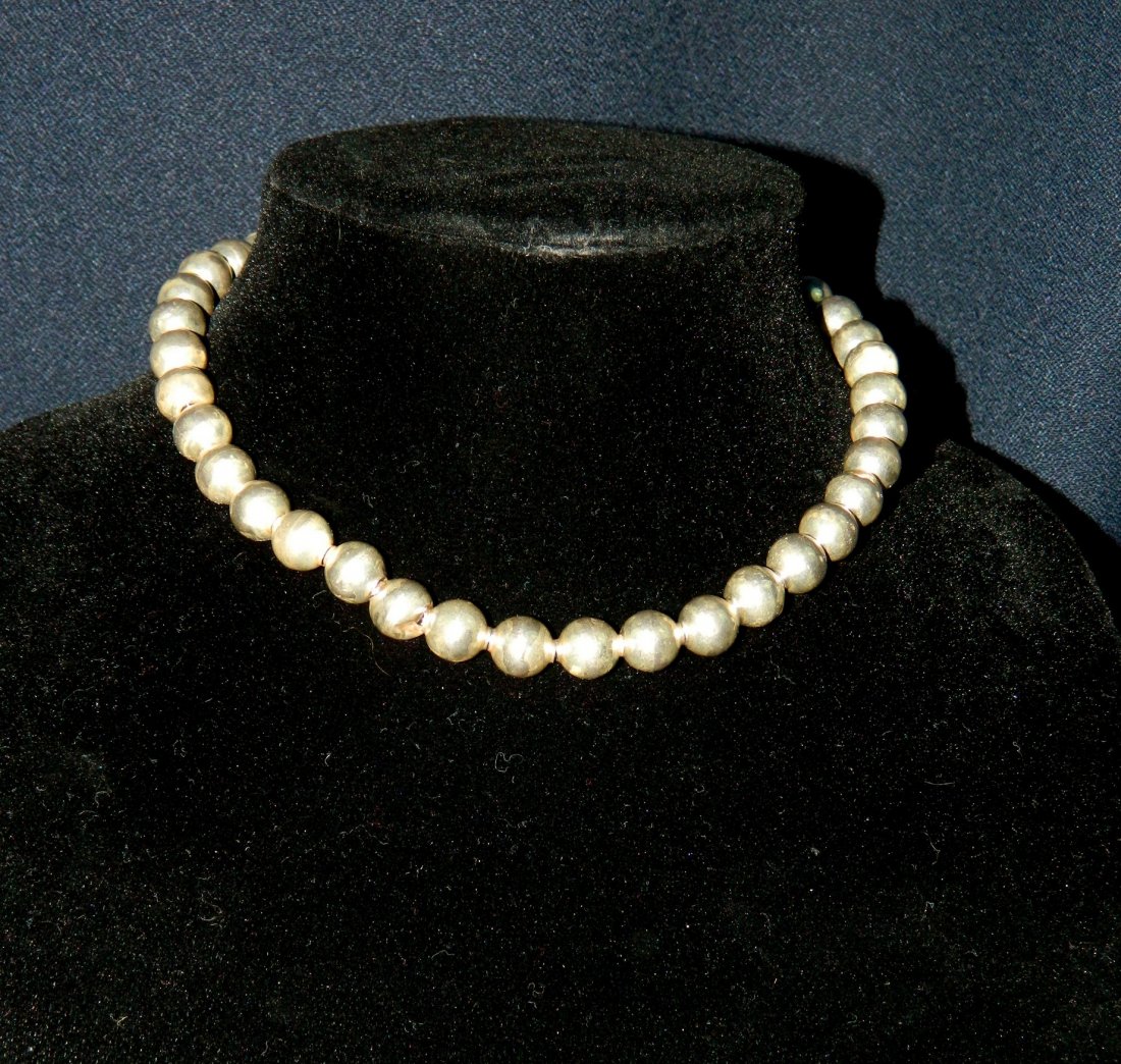 VTG MEXICO STERLING SILVER BALL NECKLACE XR: We are pleased to offer this unusual Sterling Silver Ball Necklace. This vintage Necklace features hollow silver balls strung tightly on a slide chain. Signed Mexico with other hallmarks including som