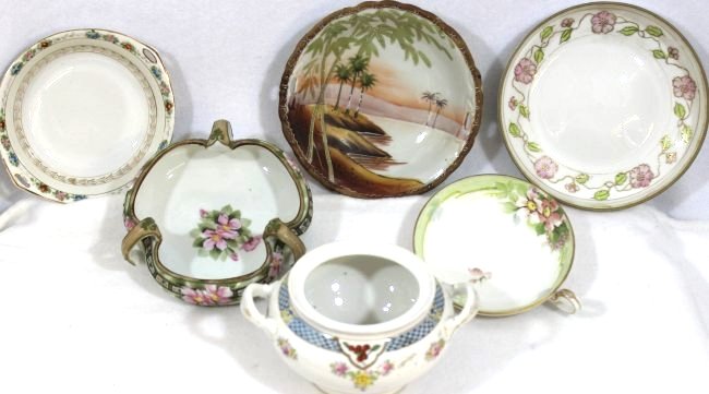 PRE 1921 RISING SUN TORII GATE MARUKI HP NIPPON PCS XW: Here is a marvelous collection of pre 1921 hand painted Nippon items, including a sugar bowl, a three handled nut bowl, a finger ring nappy, and 3 dishes, with one exceptional desert scene, and marvel