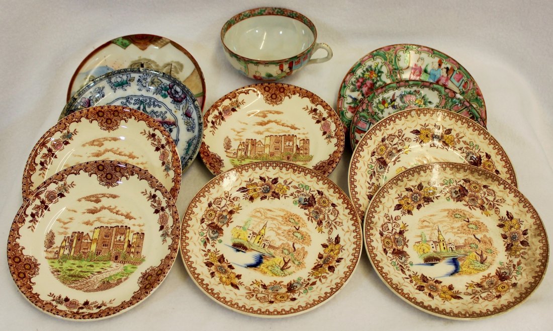 1862 RARE HOPE CARTER FLOW BLUE ENGLISH CASTLES PLTS XK: We are extremely pleased to present this spectacular set of English decorated Semi porcelain items from 2 different centuries. Our PRIZE is a Rare 1862-1870 Polychrome Flow blue Chinese Pattern 6 inch