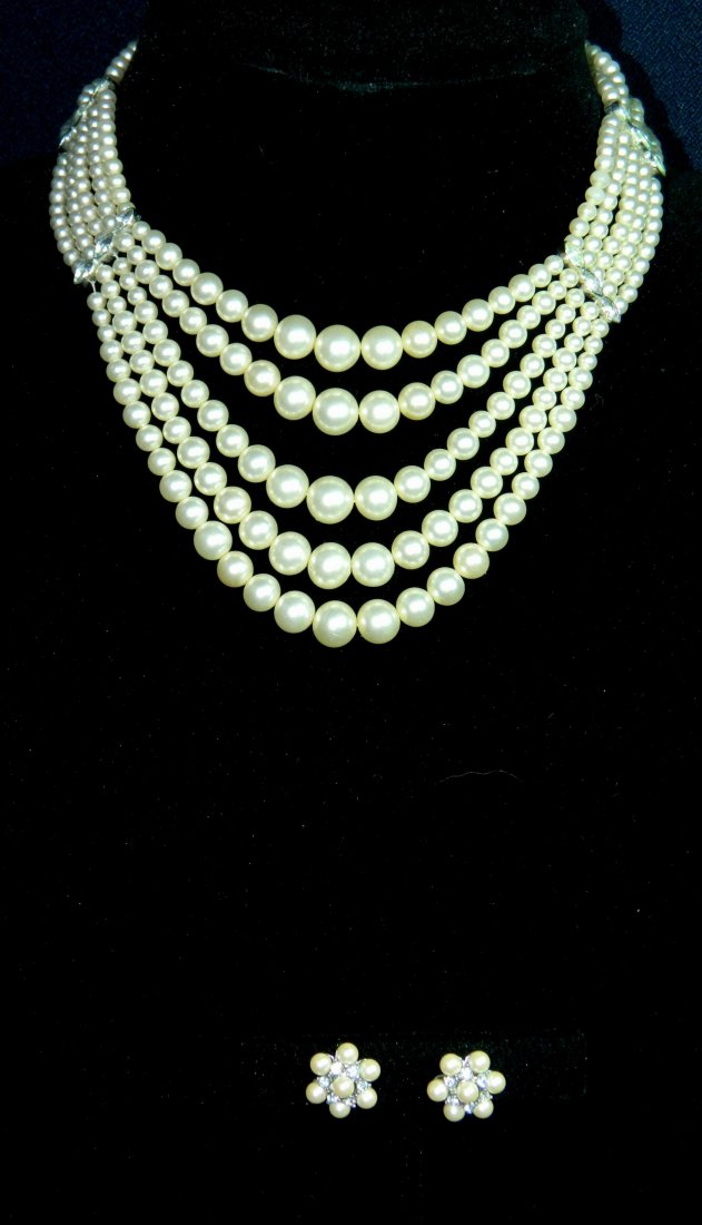 VTG 4 STRAND MARVELLA PEARL NECKLACE MONET EARRINGS XR: We are pleased to offer this Vintage jewerly suite, designer signed, featuring pearl and Rhinestone. First, a nicely weighted Marvella 4-strand graduated pearl necklace. This necklace is joined with r
