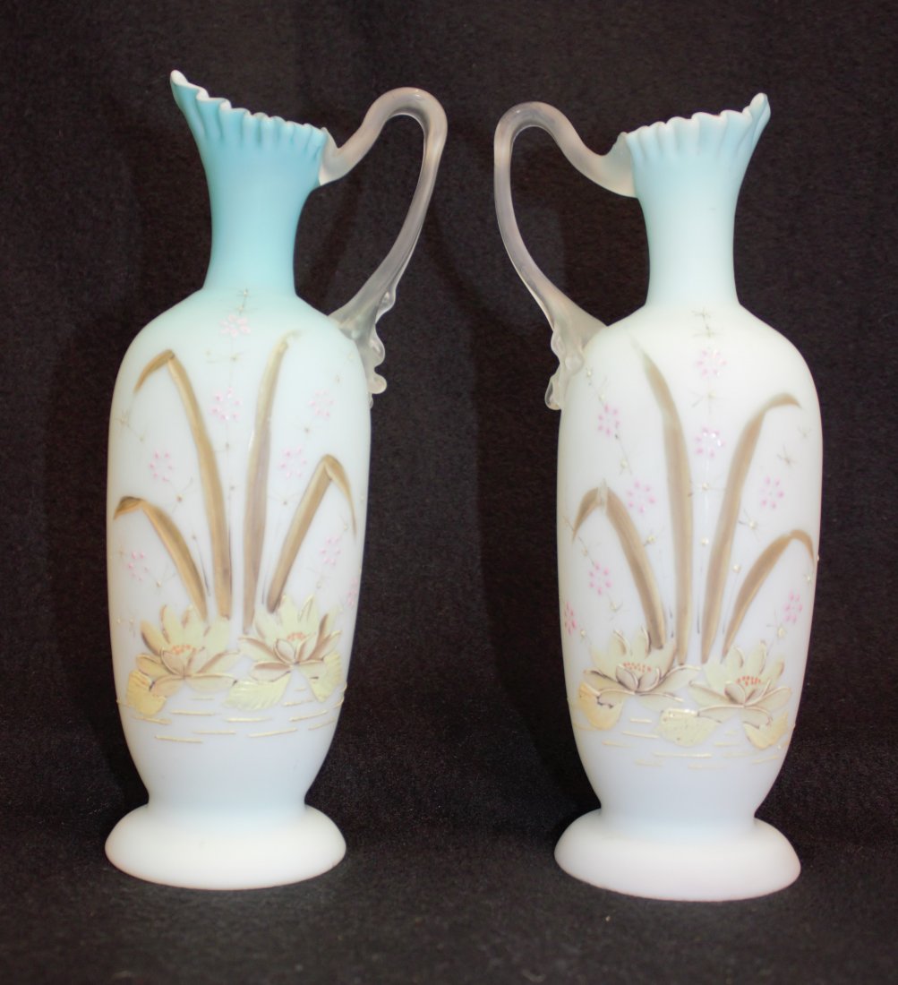 1910s BOHEMIAN HB SATIN GLASS RUFFLED EWER PITCHERS XJ: We are exceptionally proud to present this lovely pair of WWI era, 4 X 3.25 x 9.5" tall hand blown and painted Bohemian cased satin glass ewer pitchers with stylized swan frosted handles. These promin