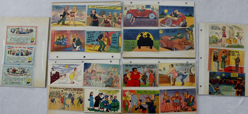 ANTQ 1900s HUMOROUS 35PC POSTCARD LOT & LEDGER XC: Offered for your consideration a collection of Humorous Postcards , approx 35 in all , circa the turn of the Century through early decades of the 20th Century. Also a humorous ledger telling how to li