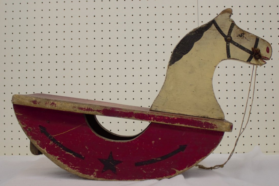 VINTAGE 1950'S CHILDS COWBOY ROCKER ROCKING HORSE XC: Vintage 1950's Child's Cowboy Rocker , minor paint loss and edge wear ..............Weight: 3.5# - Measurements: 21 x 7 x 15.5
