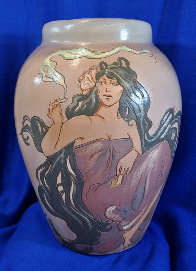 1980 ARTIST PROOF 1/1 WISECARVER RAVEN MAIDEN VASE XC: We are incredibly proud to showcase this magnificent Rick Wisecarver / Wilhoa Pottery World Exhibition 1 / 1 Artist’s Trial, giant 15” tall ovoid hand painted floor vase finished in a superb mediu