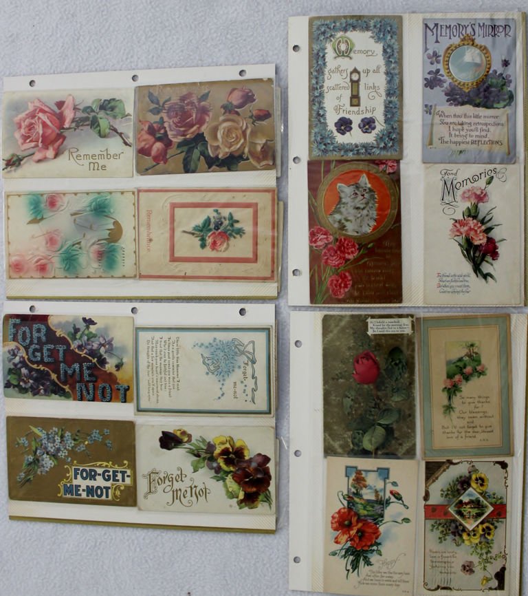 1900s ROMANCE 31PC POSTCARD COLLECTORS LOT XC: Offered for your consideration a collection of Remembrance & Forget-Me-Not Romantic themed Postcards ,31 in all , circa the turn of the Century through early decades of the 20th Century. These came fr