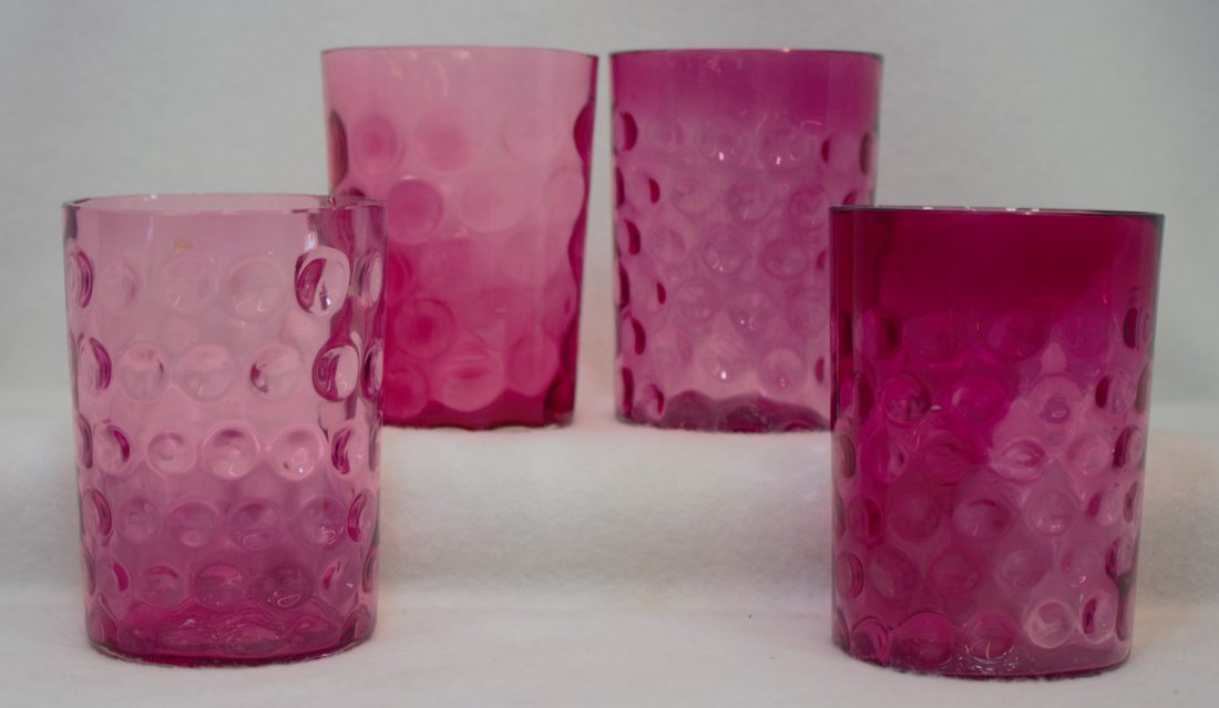 4pc ANTIQUE HOBBS BROCKUNIER FENTON GLASS TUMBLER XJ: We are very pleased to present this outstanding lot of four (4) hand blown glass tumblers dating from the turn of the Century Victorian era into the 1920s.Two tumblers feature a distinctive Inverted T