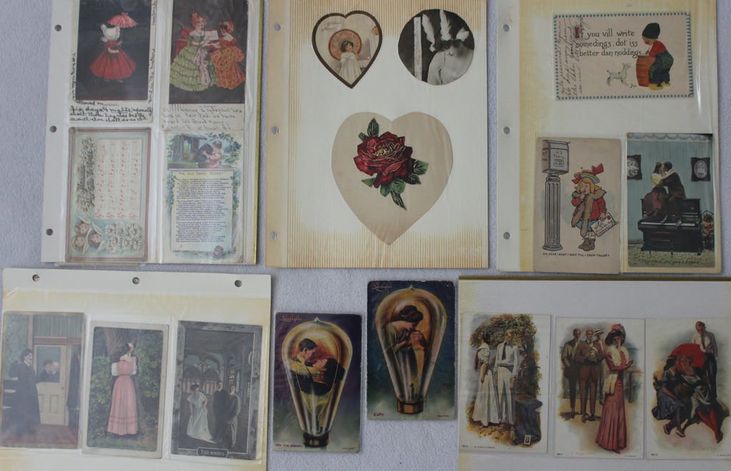 ANTQ 1900s ROMANCE 30PC POSTCARD COLLECTORS LOT XC: Offered for your consideration a collection of mostly Romantic themed Postcards ,30 in all plus three clippings, circa the turn of the Century through early decades of the 20th Century. These came fro
