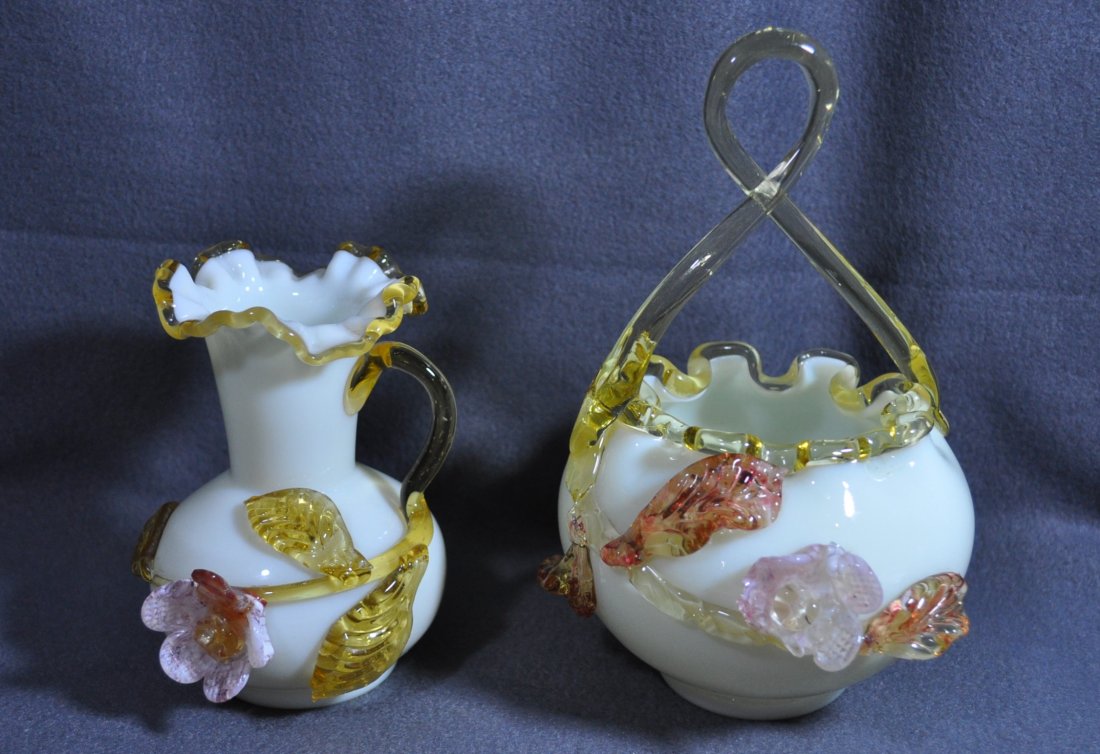 1910 ENGLISH EDWARDIAN HD BLOWN CUSTARD BASKET VASE XJ: We are exceptionally proud to present this wonderful pair of 1900-1910 English hand blown Custard glass pieces including a marvelous basket with applied florals and a splendid Citron looped applied ha