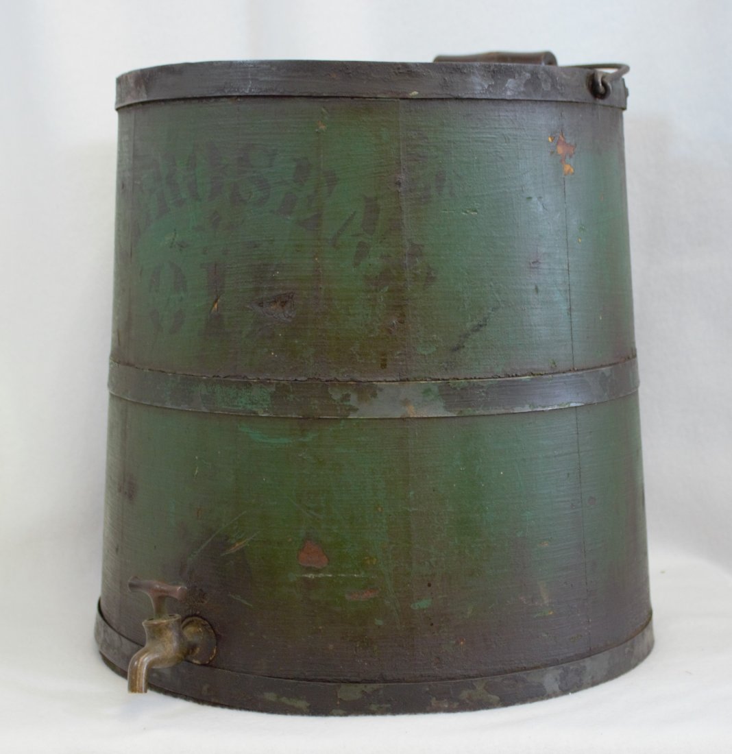 19TH CENTURY FIRKIN WOOD KEROSENE OIL BUCKET BAIL XC: From the Turn of the Century to your doorstep comes this Antique late 1800s Wood Kerosene Oil Bucket with Metal Spout. This bucket bears most of its original green paint and stenciled lettering on the