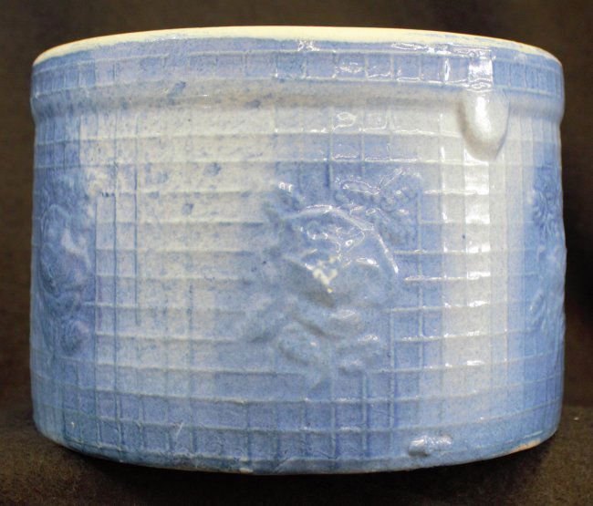 1890s ENGLISH SALT GLAZE LATTICE APPLE BUTTER TUB XC: We are exceptionally proud to present this next piece in a fine collection of English & American sculpted Scratch Blue Cobalt over white, salt glazed earthenware, potted from ca. 1850-1920. This examp