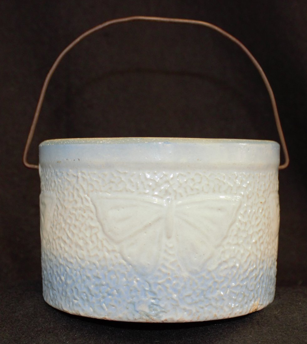 1890s ENGLISH SALT GLAZE BUTTERFLY HANDLE BUTTER JAR XC: We are exceptionally proud to present this next piece in a fine collection of English & American sculpted Scratch Blue Cobalt over white, salt glazed earthenware, potted from ca. 1850-1920. This examp