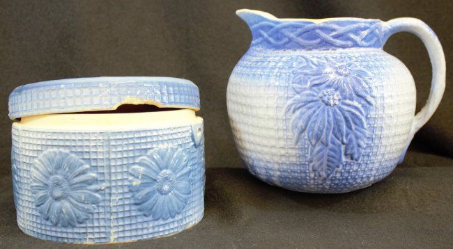 1890s SALT GLAZE LIDDED POT & FLORAL MOLD PITCHER XC: We are exceptionally proud to present this next lot in a fine collection of English & American sculpted Scratch Blue Cobalt over white, salt glazed earthenware, potted from ca. 1850-1920. We have a fa