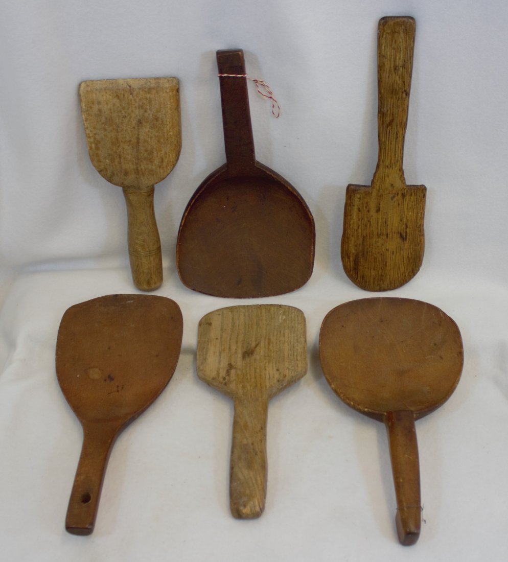 LOT 6 ANTIQUE BUTTER PADDLES AND SCOOPS WOOD XC: For your bidding and viewing pleasure an Antique lot of Six Kitchen Utensil Pieces , primitive , 3 Butter Paddles and 3 Butter Scoops ..... Total Weight: 1.5# - Measurements: 9.5 x 1 x 5.25 ..... A bu