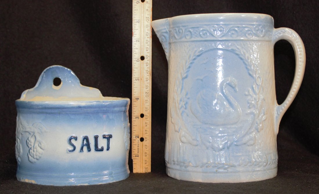 1880s ENGLISH 8" SALT GLAZE SWAN PITCHER & SALT BOX XC: We are exceptionally proud to present this next pair of pieces in a fine collection of English & American sculpted Scratch Blue Cobalt over white, salt glazed earthenware, potted from ca. 1850-1920. T