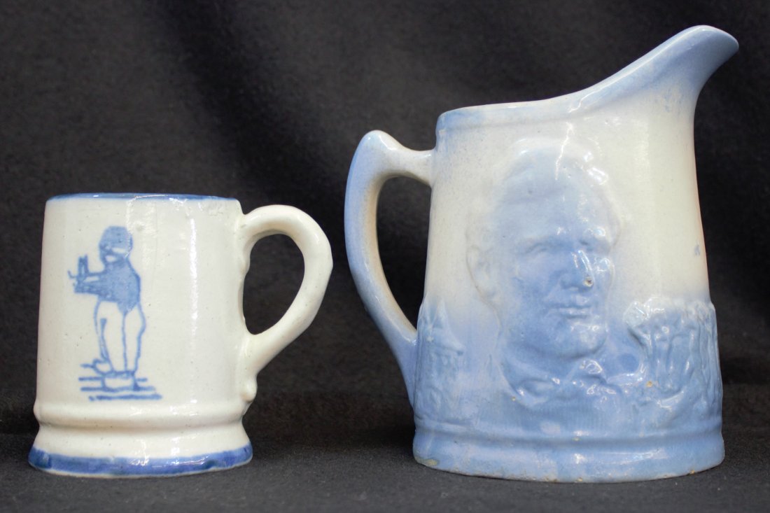 1890s AMERICAN SALT GLAZE LINCOLN PITCHER 1860s MUG XC: We are exceptionally proud to present this next pair of pieces in a fine collection of English & American sculpted Scratch Blue Cobalt over white, salt glazed earthenware, potted from ca. 1850-1920. T