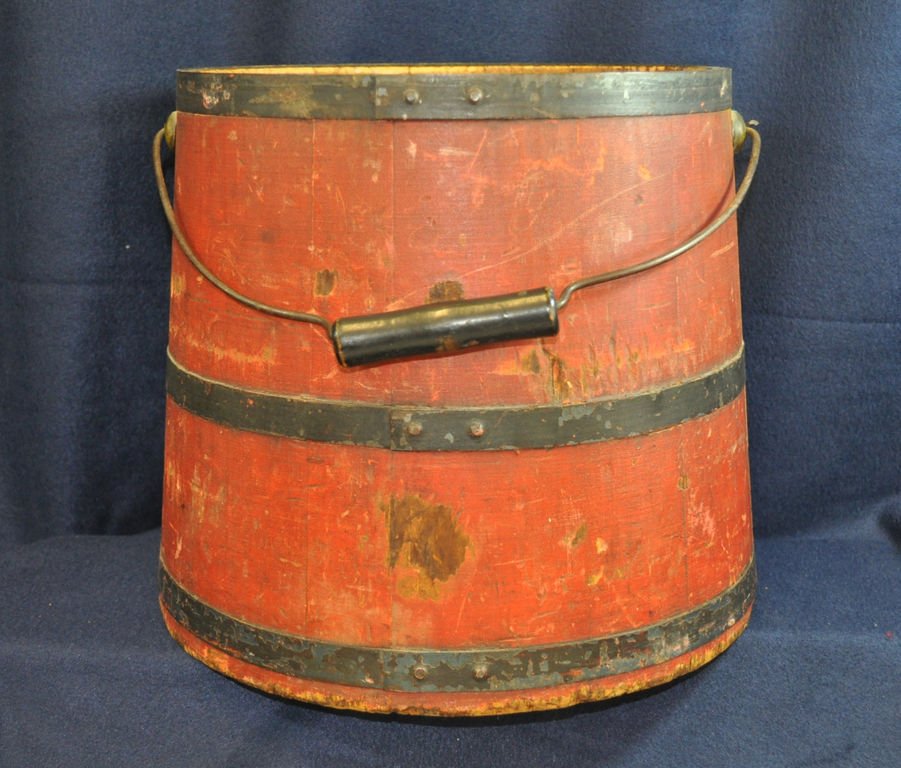 19TH CEN RED WOOD FIRKIN BUCKET BARREL W LID BALE XC: We are delighted to offer this Red painted Wood Firkin Bucket or Barrel dating from late 1800s to early 1900s. This bucket does have its original wood lid with round finial. Features a bale handle. Th