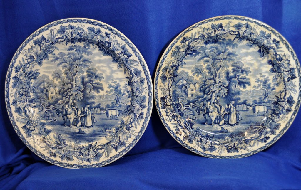 1906 ENGLISH BOOTHS BRITISH SCENIC TRANSFER PLATTERS XC: We are very pleased to present this handsome pair of antique transfer platters from the Booth family of England in their Silicone China, British Scenery Line ca. 1906-1912. Both our platters feature a