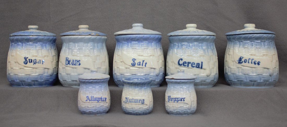 USA 1920 SALT GLAZE BASKETWEAVE 8 PIECE CANISTER SET XC: We are exceptionally proud to present this next in a fine collection of English & American sculpted Scratch Blue Cobalt over white, salt glazed earthenware, potted from ca. 1860-1920. This group repre