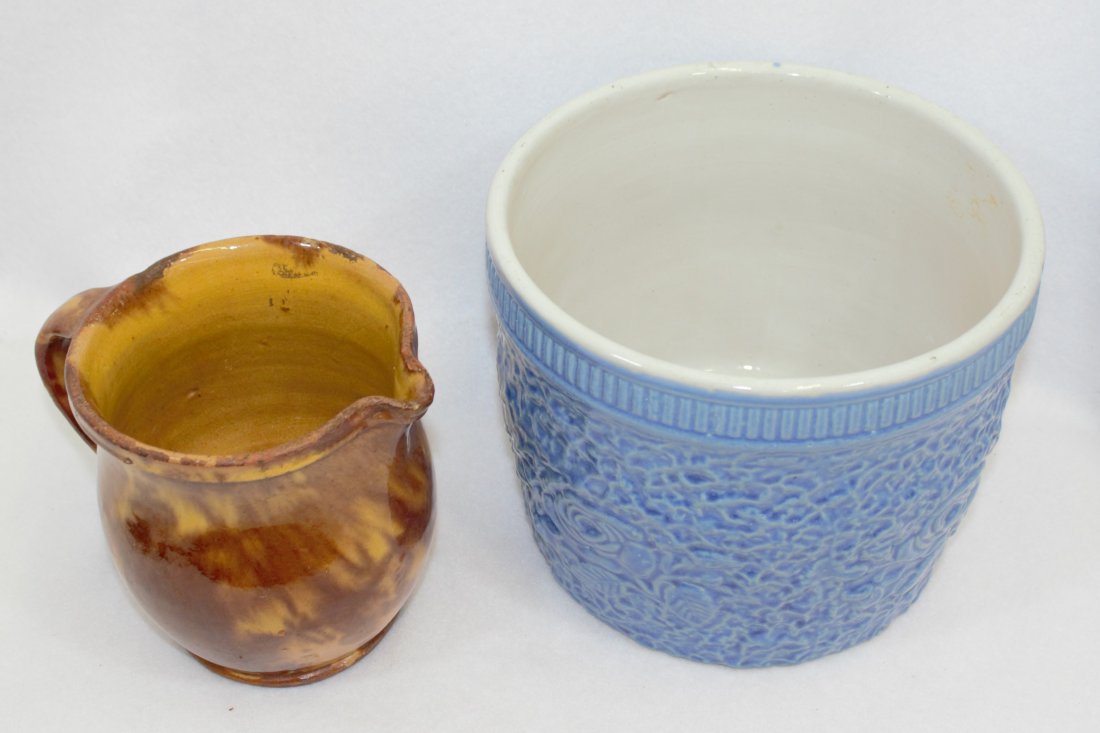 USA 1920 SALT GLAZE ROSE JARDINIERE BENNINGTON CREAM XC: We are exceptionally proud to present this next pair in a fine collection of English & American sculpted Scratch Blue Cobalt over white, salt glazed earthenware, potted from ca. 1860-1920. This exampl