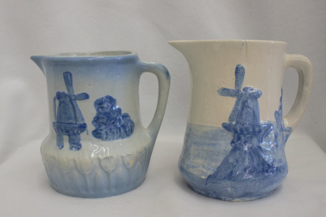 ENGLISH 1880 1910 SALT GLAZE WINDMILL MILK PITCHERS XA: We are exceptionally proud to present this next piece pair of fine English sculpted Scratch Blue Cobalt & white, salt glazed earthenware, potted from ca. 1860-1920. This left example is a wonderful En