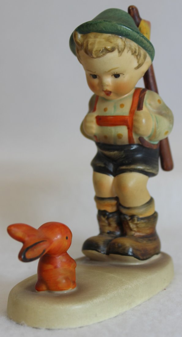 1960+ HUMMEL SENSITIVE HUNTER TMK 3 SM STYLIZED BEE XG: We proudly offer this next of a classic set of Hummel figurines from the TMK #3 era ca. 1960-1972. Our number three example is a TMK-3 Sensitive Hunter, featuring a little boy regarding a little red r