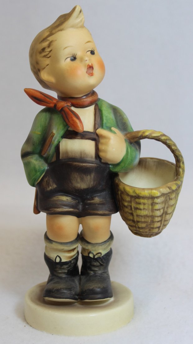 1960-72 HUMMEL VILLAGE BOY TMK 3 LARGE STYLIZED BEE XG: We proudly offer this next of a classic set of Hummel figurines from the TMK #3 era ca. 1960-1972. Our number five example is a large TMK-3 Village Boy, featuring a little boy carrying a berry basket.
