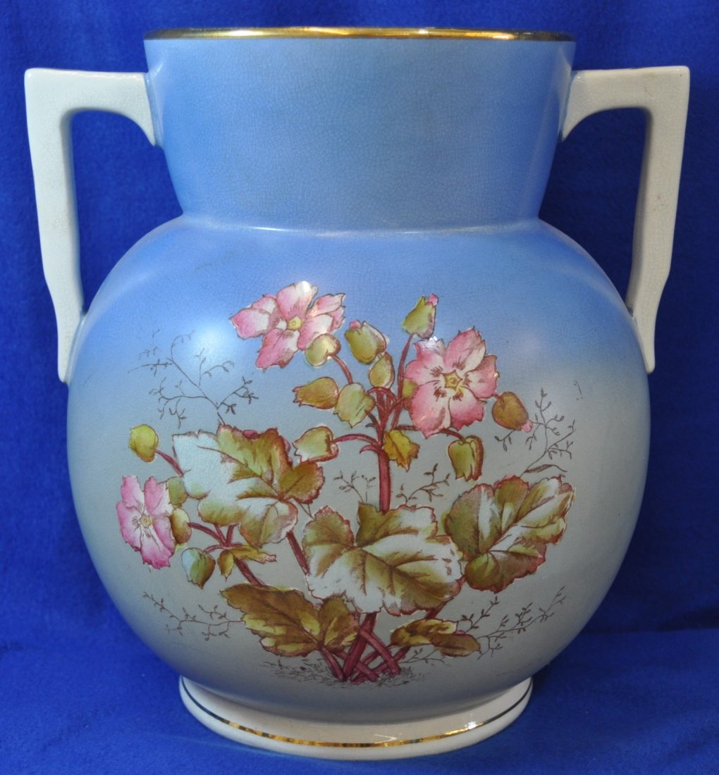 1890 STEUBENVILLE POTTERY HP FLORENCE IRONSTONE VASE XT: We are pleased to present this Rare 1890 to 1895 Steubenville Pottery ball pitcher finished in a gorgeous floral theme over a lovely robins egg blue ground. This dual handled Grecian style water jug i