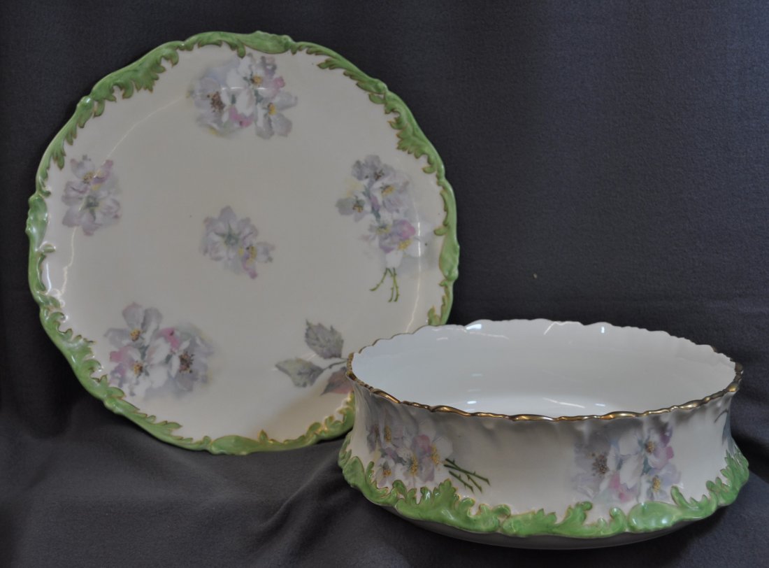 RARE T & V 1902+ LIMOGES LG PUDDING BOWL, UNDERPLATE XW: We are extremely pleased to offer this item representing an absolutely breathtaking antique factory painted Giant 10 inch Limoges Pudding bowl and 12” diameter matching under-plate. This sculpted gi