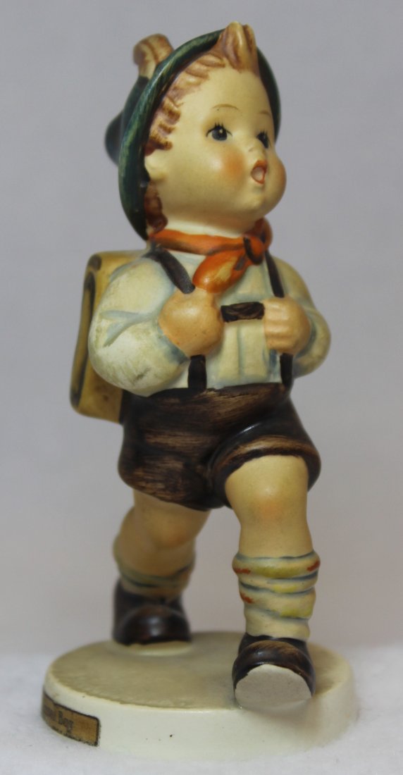 1960-65 HUMMEL SCHOOL BOY TMK 3 LARGE STYLIZED BEE XG: We proudly offer this last of a classic set of Hummel figurines from the TMK #3 era ca. 1960-1972. Our number eight example is a TMK-3 School Boy figurine, featuring a little boy carrying his backpack