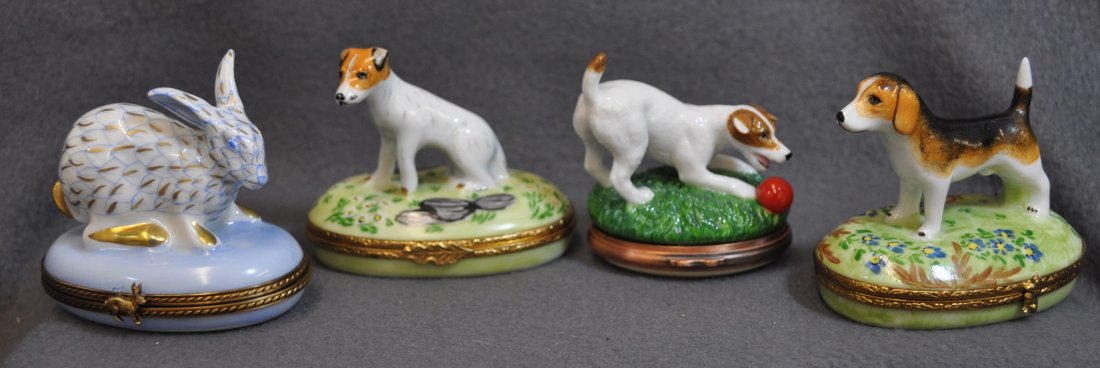 1970s LIMOGES PORCELAIN ORMOLU HP PETS TRINKET BOXES XW: We are very pleased to offer this great lot of 1970s vintage hand painted Limoges porcelain hinged lid trinket boxes, with classic ornate Ormolu joiner-work. The artistry is first rate, and the bunny 