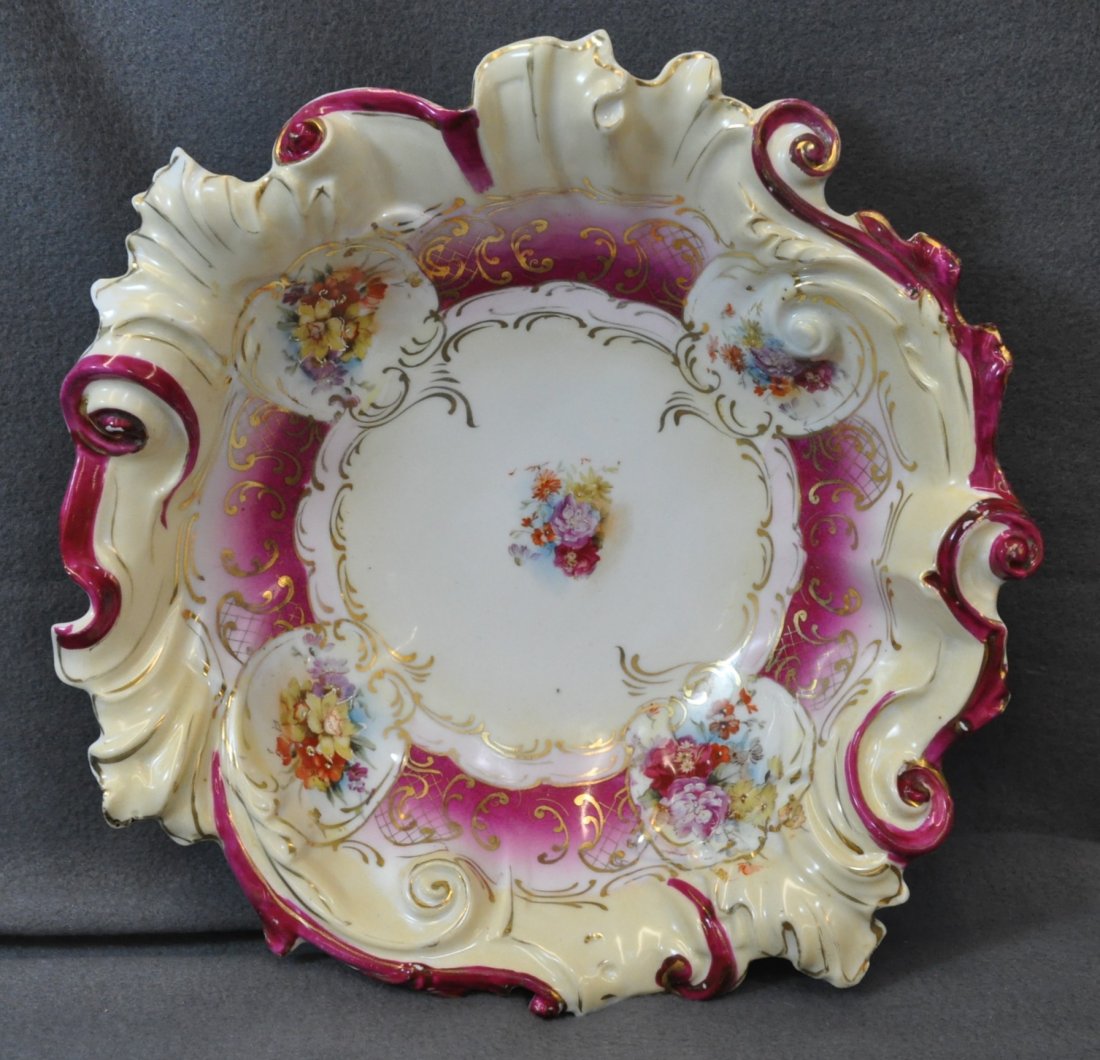1910s BAVARIAN HP PORCELAIN ECCENTRIC MOLD DEEP BOWL XT: OK R.S. Prussia fans, this one is for you. We are pleased to offer this gorgeous and large hand painted floral serving bowl measuring 10.75 x 10.75 x 3.25 inches deep. We have searched far & wide for